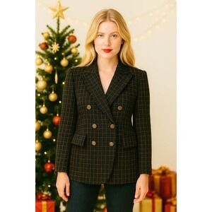 Mina Self Black Plaid Double Breasted Blazer Jacket Textured‎ Gold Thread M